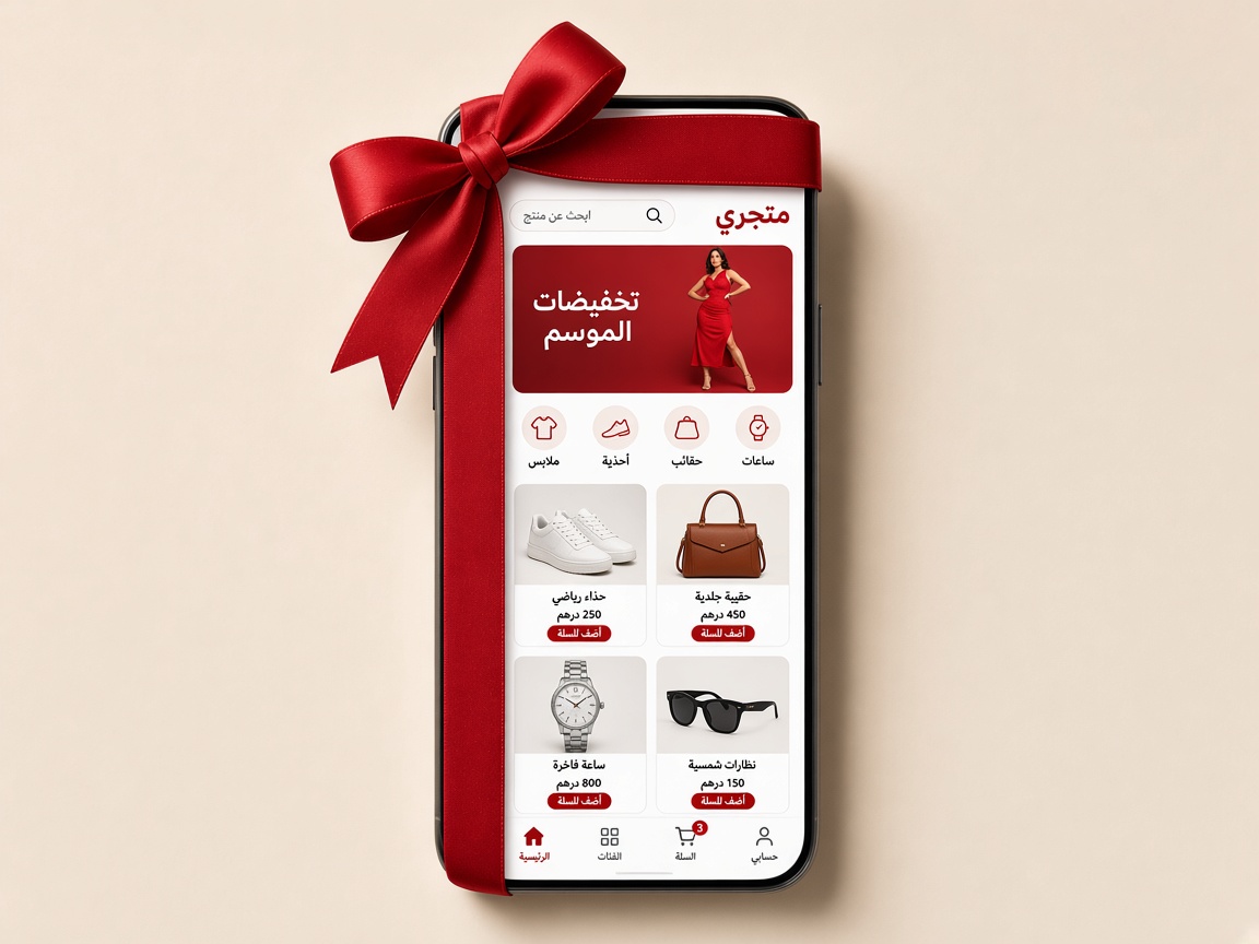 هاتف يعرض تطبيق متجر إلكتروني بسلة شراء