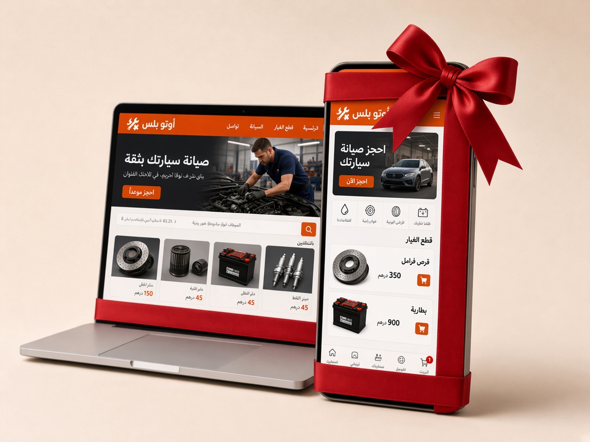هاتف كبير وحاسوب مربوطان بشريط هدية واحد، يعرضان تطبيقاً وموقعاً لشركة صيانة وقطع غيار السيارات